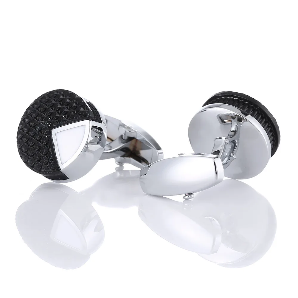Men's French Style Metal Cufflinks with Black Texture Pattern Business Gentleman Dress Shirt Cuff Links