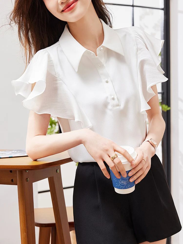 2025 夏のファッションノースリーブターンダウン襟女性ブラウス白シフォンブラウスシャツ女性トップス Blusas デ Mujer Camisas N500