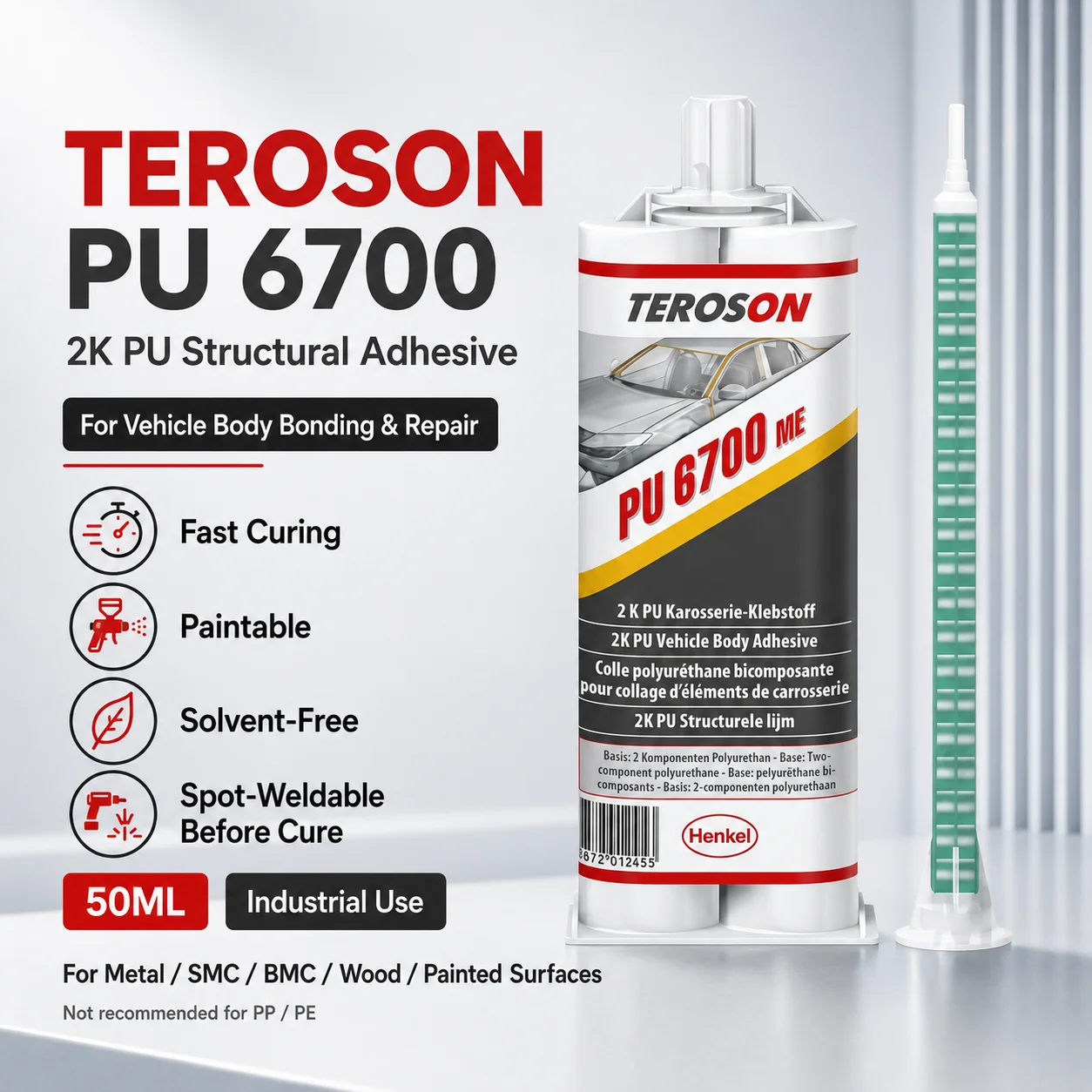 Original TEROSON PU 6700 50ML 2K Polyurethane Structural Adhesive for Automotive Car Body Repair and Multi-Purpose Bonding