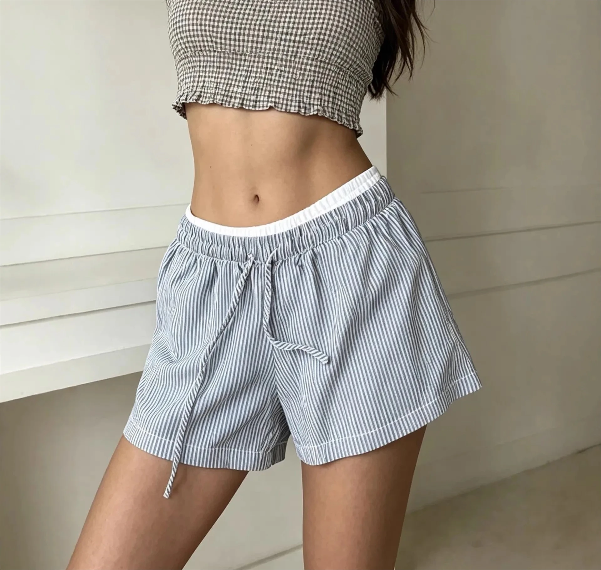 

2026 New Blue and White Striped Double Waist Edge Shorts High Waist Drawstring Elastic Waist Casual