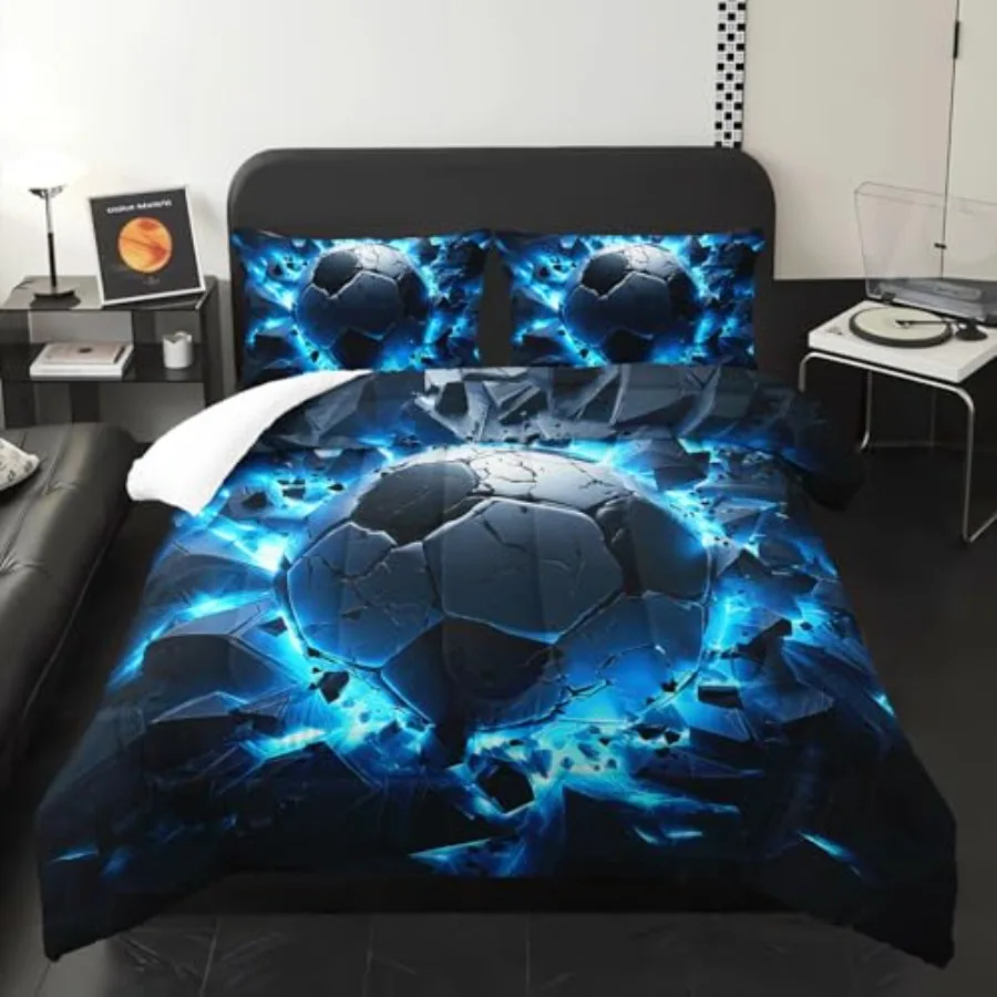 

Soccer Print Themed Comforter 3Pcs Blue Soccer Broken Walls Balls Sport Bedding Set for Kid Teen Girl Boy Adult Football Sports