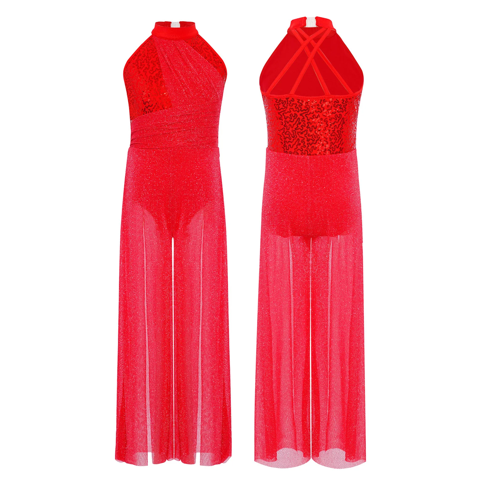 Kids Girls Lyrical Crisscross Back Jumpsuit Sleeveless Mock Neck Shiny Sequins Shimmery Mesh Split Wide-Leg Dance Bodysuit