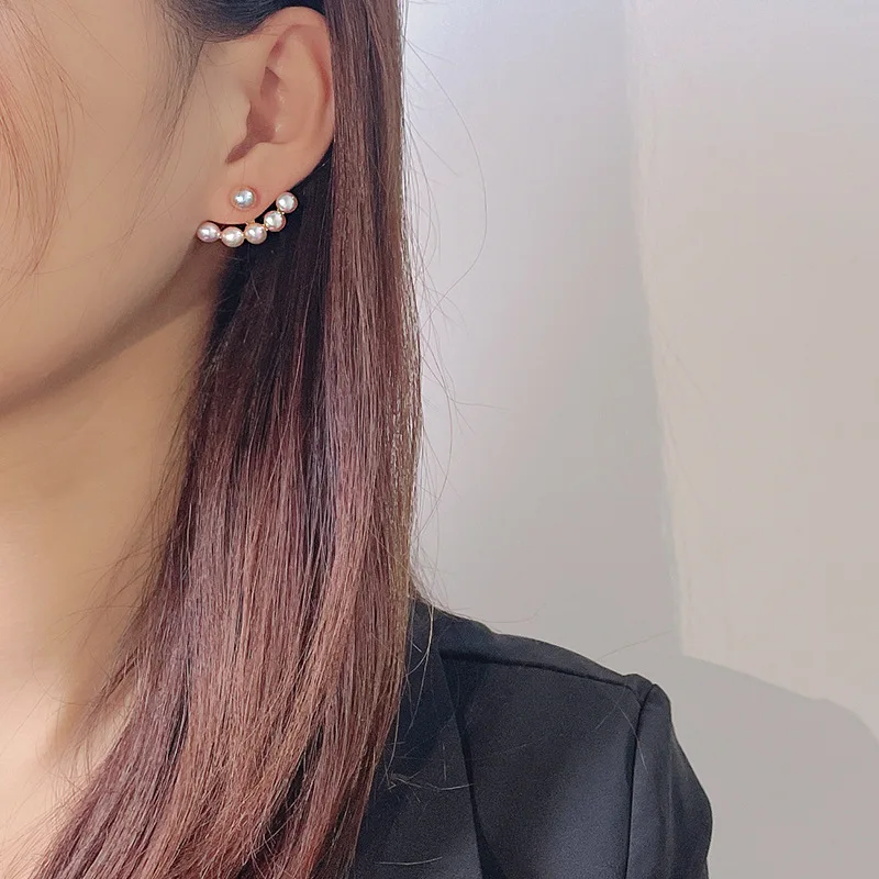 F.I.N.S Korean S925 Sterling Silver Pearl Stud Earrings Fashion Textured Fan Shape Front and Back Piericng Ear Fine Jewelry