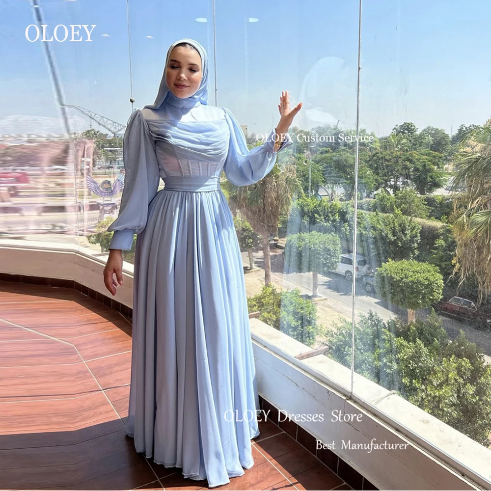 OLOEY-vestido de noche de gasa para mujer, traje elegante de manga larga con cuello alto, color azul claro, estilo árabe musulmán, Formal, para baile de graduación