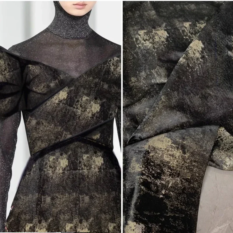 

Black Gilded Ink Sparkling Jacquard Fabric Designer Chinese Style Cheongsam Coat Autumn Winter Fashion Cloth Per Meter Diy Sew
