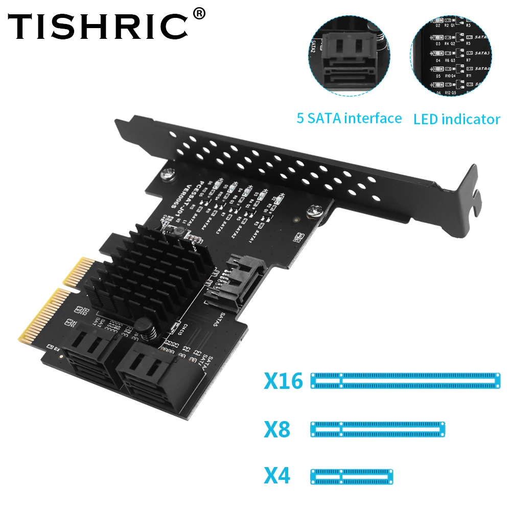 TISHRIC PCIE 4X To 5 Sata 3.0 Ports Controller Board Expansion Card PCI-Express Slot 4x 8x 16x SSD Adapte For Miner Mining