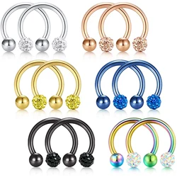 WKOUD 2pcs Crystal & Ball Nose Septum Horseshoe Earring Eyebrow Lip Helix Tragus Cartilage Piercing Ring 8mm