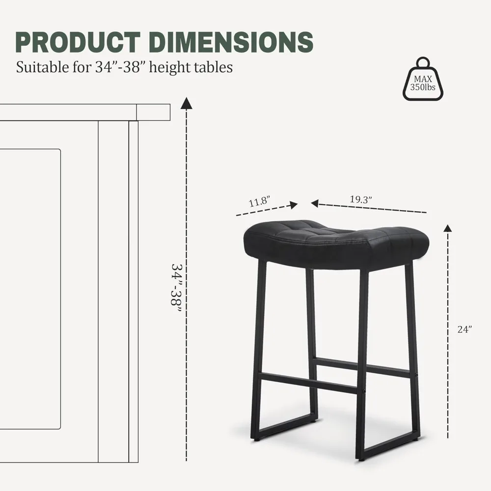 مجموعة مقاعد بار حديثة باللون الأسود مكونة من 2 لطاولة المطبخ بارتفاع 24 بوصة ومقاعد للبار بدون ظهر مع جلد صناعي منجد