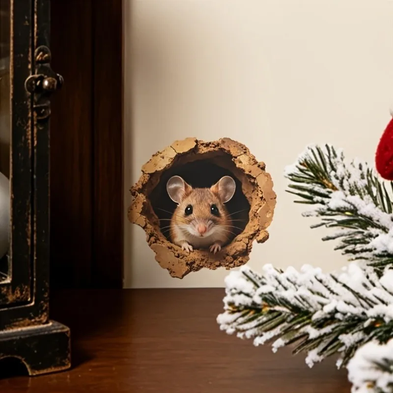 VIKAMA Fluffy Mouse Telescope Wall Sticker Xmas Explorer Self-Adhesive Decor for Living Room Bedroom Dorm