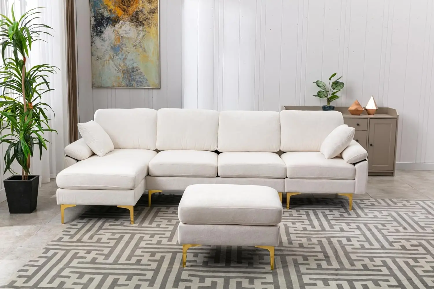 

Convertible L-Shaped Sectional Sofa with Movable Ottoman, Upholstered Accent Sofa with 2 Pillows and Golden Metal Legs