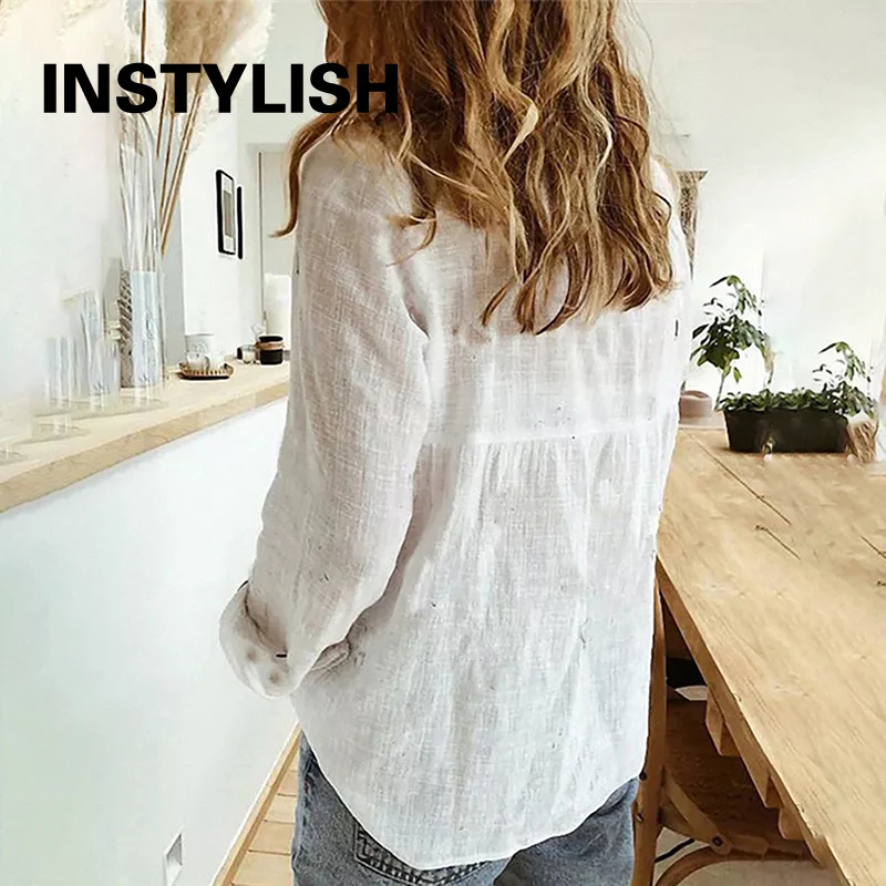 Women Casual Long Sleeve Cotton Linen Shirt Elegant Solid Cardigans Autumn Button Lapel Shirt Loose Oversized Blouse Tunics