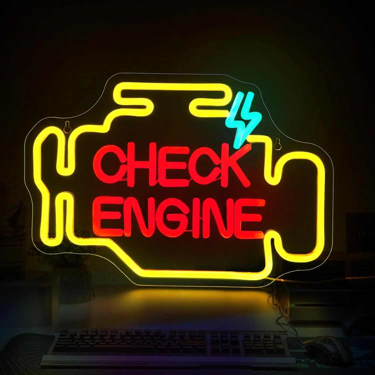 Check Engine Neon Sign Led Neon Signs for Wall Decor Yellow Light Up Sign Preppy Girls Room Decor USB Powered Night Light
