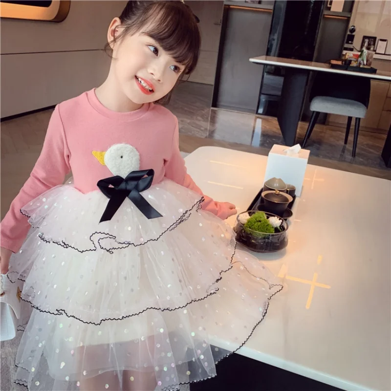 New Spring Autumn Girls Dress Cartoon Swan Patchwork Style Sparkling Decorative Cake Lace Dresses For Kids Children Present