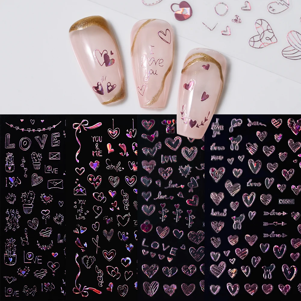 4Pcs Metallic Laser Pink  3D Heart Nail Stickers Self Adhesive Shiny Love-Heart  Decals 1*set Holographic Manicure Slider &*&