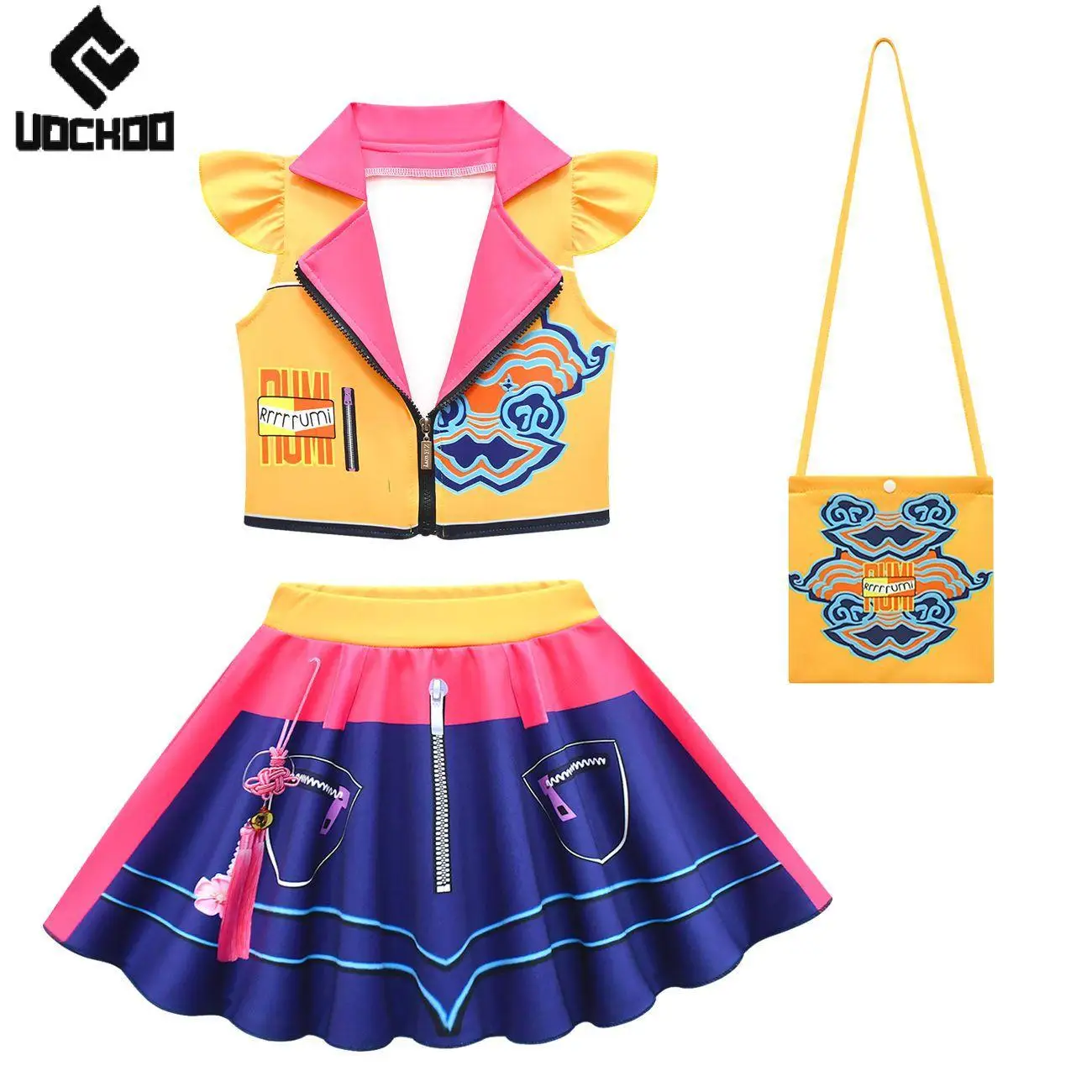 

Yellow Flying Sleeve Top Kpop Demon Hunters Dress Child Halloween Cosplay Costume 3D Print Anime Idol Stage Performance Outfit