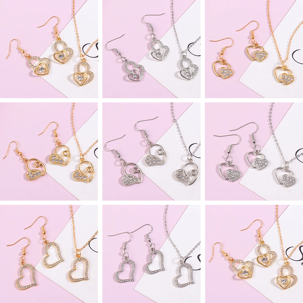 3Pcs/Lot Shining Rhinestone Alloy Heart Charm Fashion Personality Pendant Necklace Earrings Series Temperament Exquisite Jewelry