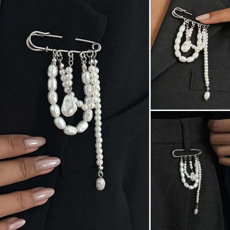 ●Trendy Imitation Pearl Tassel Chain Brooches Vintage Design Suit Pin Waist-shaping Fixed Pin Party Jewelry Accessories Gift