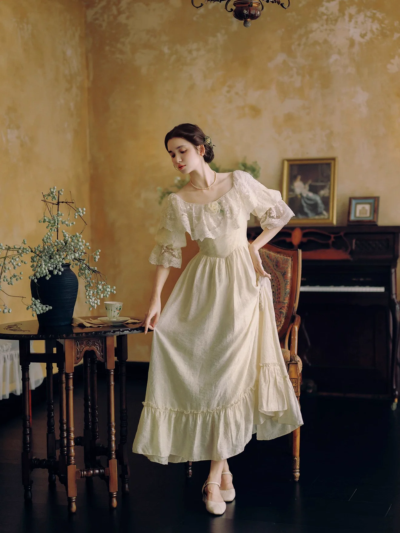 84-96cm busto Primavera Verano mujeres corte europea Vintage pintura al óleo estilo cintura delgada cómodo cuello de encaje vestidos Lyocell