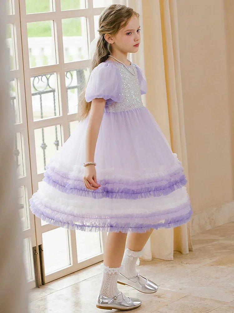 

Baby Girls Dresses Gauze Sequins Purple Cute Princess Clothing Summer 3T 14yrs Kids Wear Kawaii Children Party Bridemaid Clothes