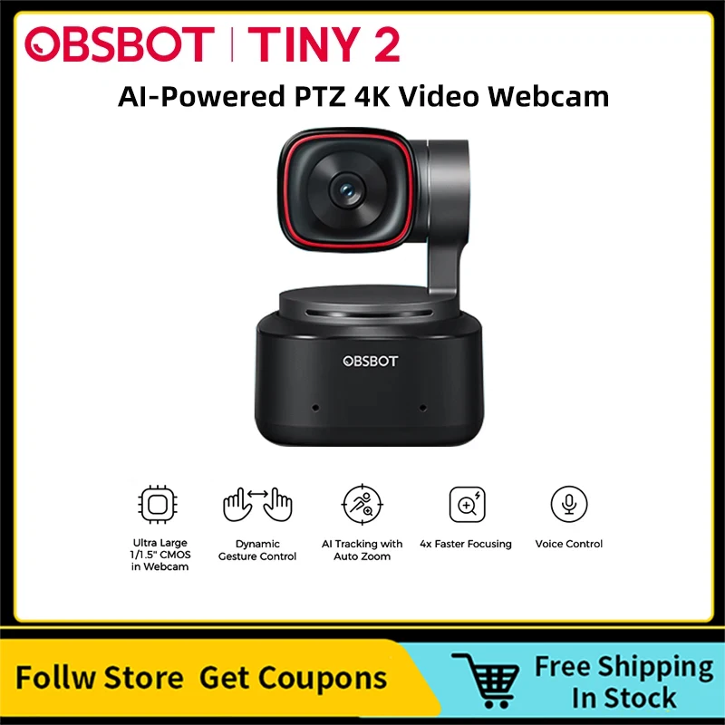 

OBSBOT New Tiny 2 AI-Powered PTZ 4K 60FPS Video Webcam Ultra Large 1/1.5'' CMOS AI Tracking Auto Zoom Voice Control Camera