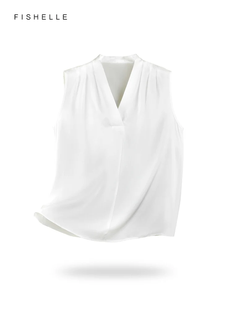 

Solid Color White Women's Natural Silk Tank Top V-Neck Sleeveless Regular Underlay Bottom Shirt Summer Commuter Silk Outer Wear
