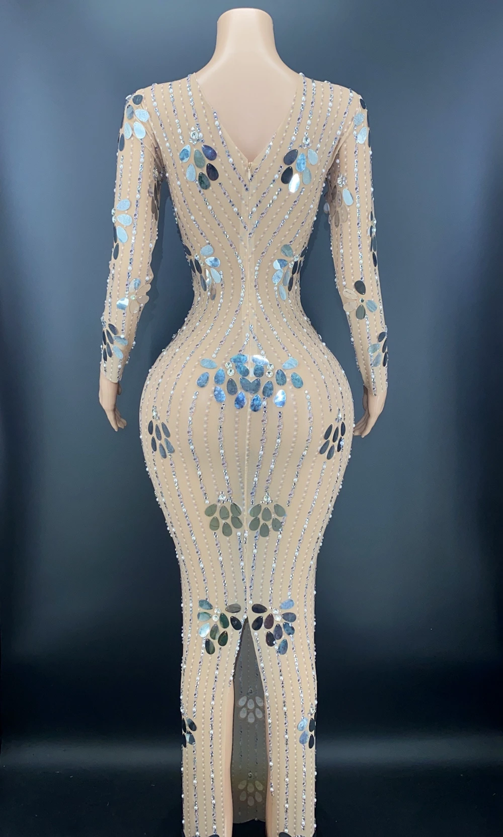 Vestido de lentejuelas brillantes con diamantes de imitación para mujer, vestido transparente de malla de manga larga, traje de fiesta de cumpleaños, Sexy