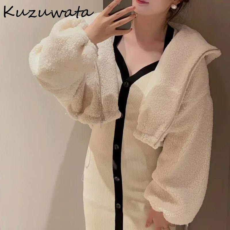 Kuzuwata Japanese Hooded Lantern Sleeve Jackets Loose Double Pockets Drawstring Outwears Fashion Sweet Zip Coat Women