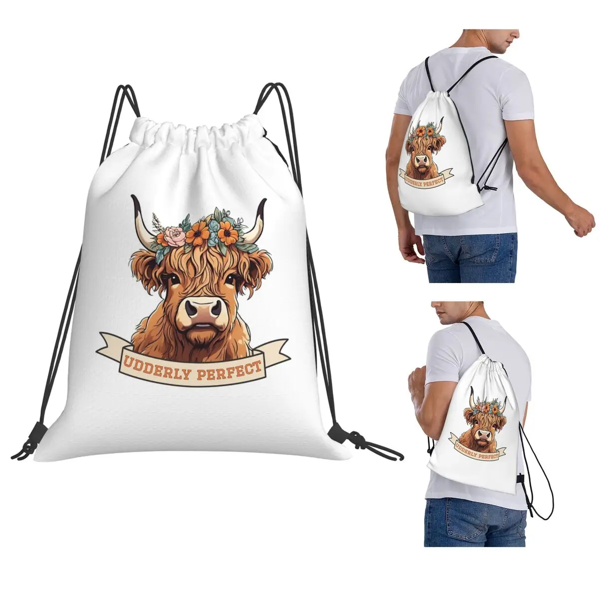Udderly Perfect Highland Cow With Flower Crown Backpacks Fashion Drawstring Bags Sports Bag Book Bags for Man Woman School