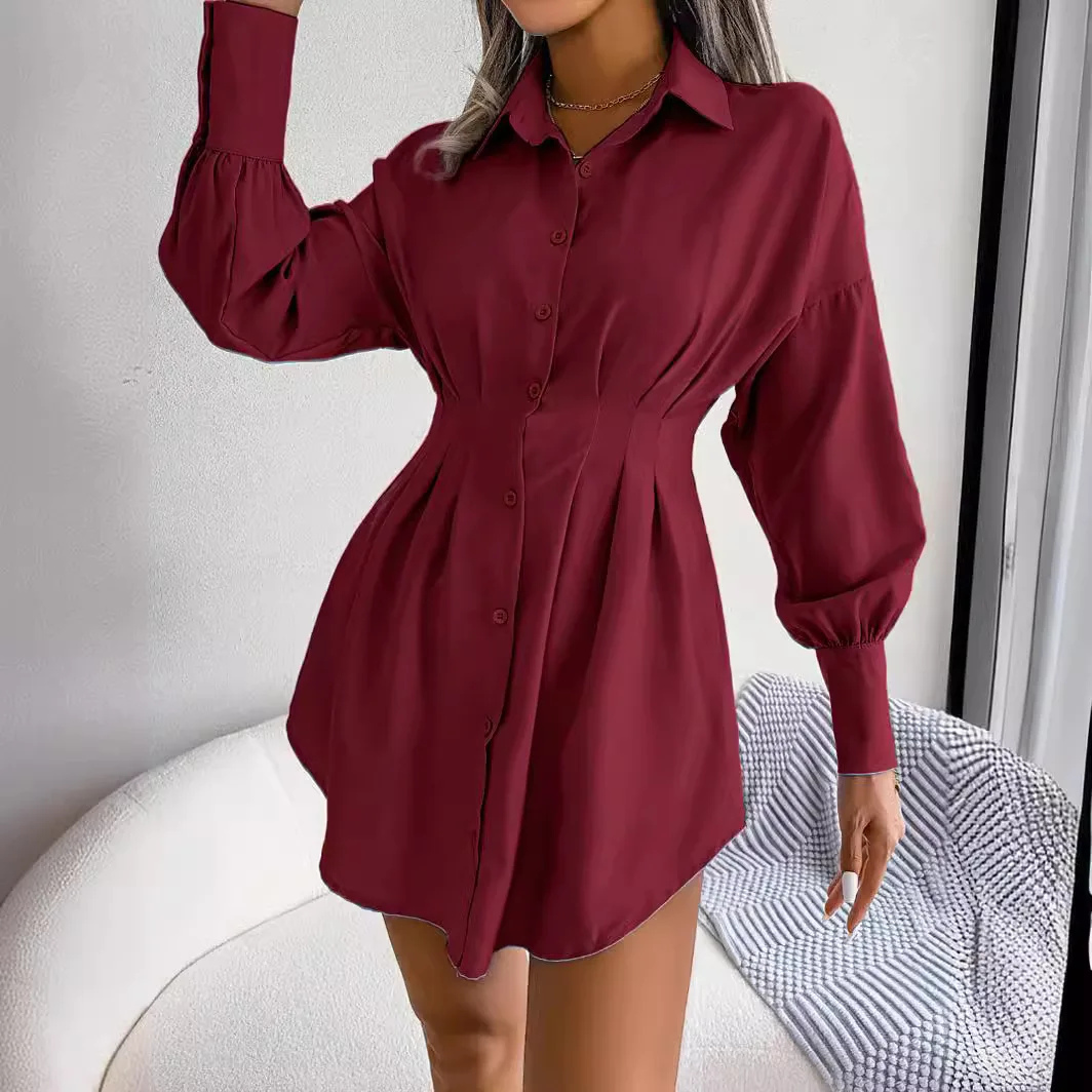 Abito camicia elegante casual a maniche lunghe per donna Vita stretta Slim Fit abbottonato Top solido Stile coreano Moda primavera autunno