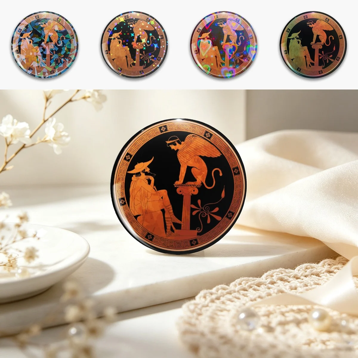 Sphinx of Thebes - Ancient Greece Pin Holographic Star Heart Pin Brooches Laminated Button Fashion Accessory