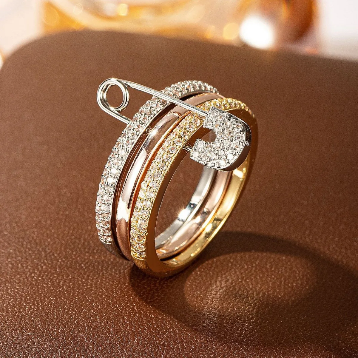 

Safety Pin Shape Triple Band Ring, CZ Paved Three Tone Stackable Ring for Women
