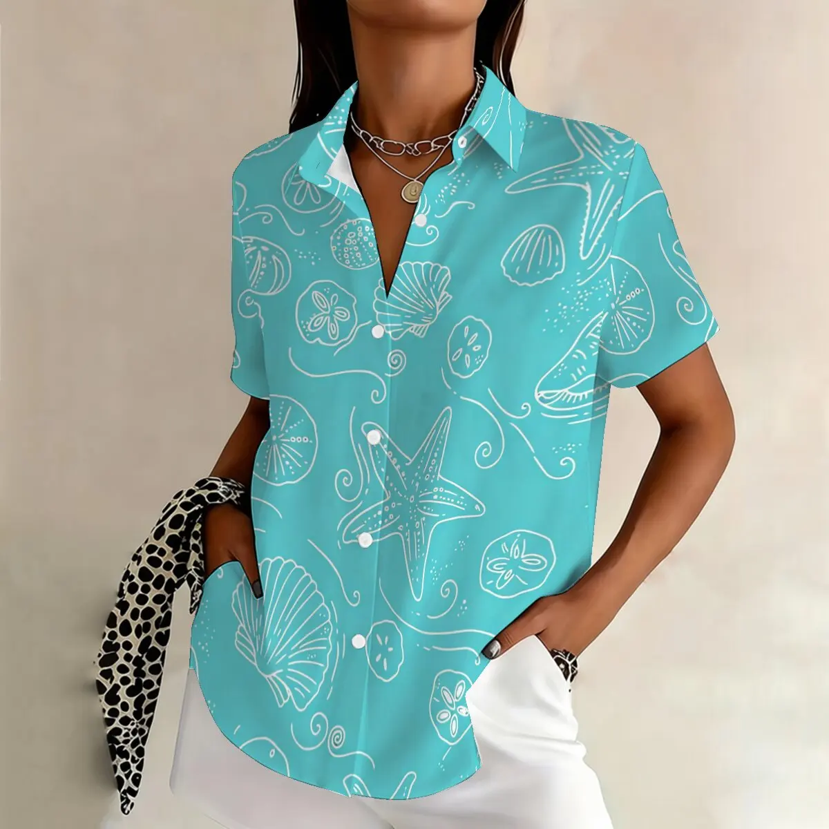 Bestselling plus-size women's fashion ocean animal and plant print short-sleeved shirt, loose and comfortable for vacation