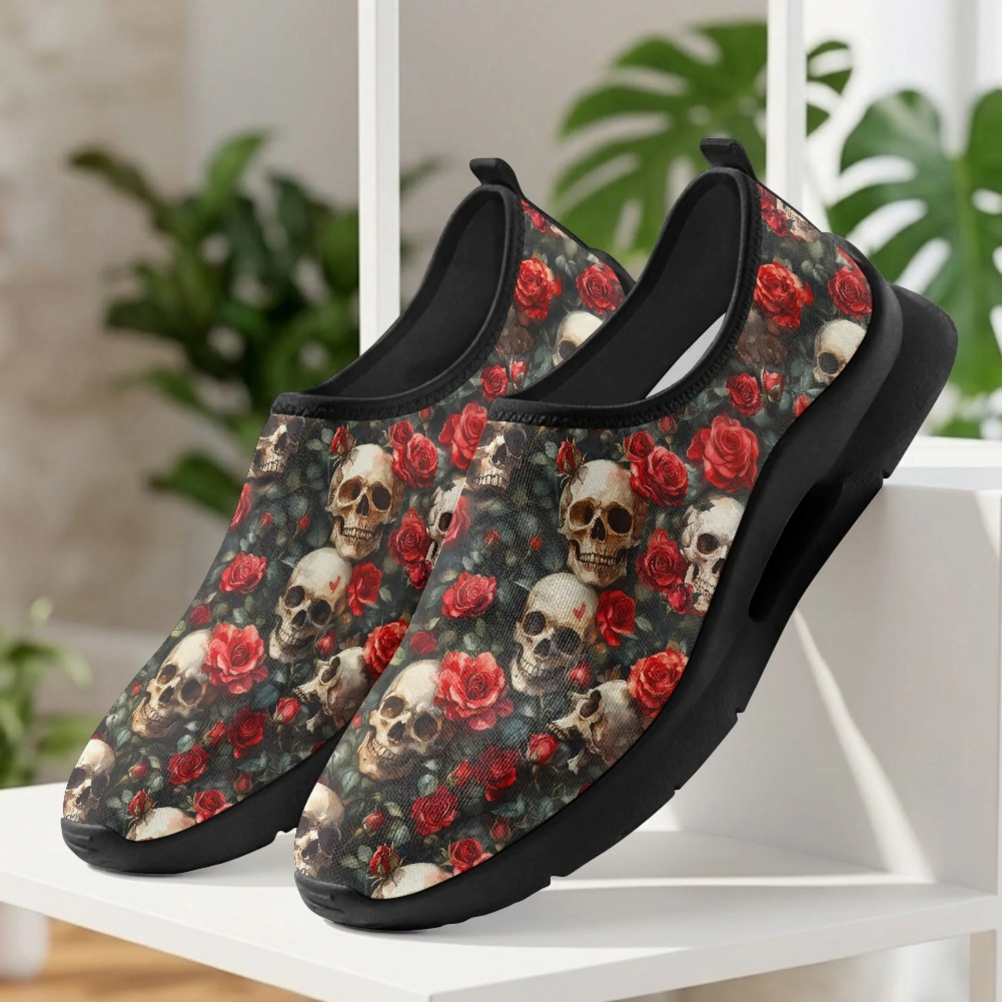 XIXIRIMIDO Skull Rose Mens Casual Shoes Slip On Walking Sneakers Womens Gym Workout Shoes Breathable Mesh Walking Shoes 35-48