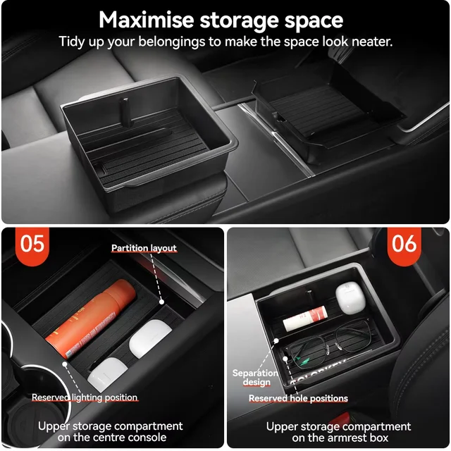 For Tesla Model 3/Y/YL Highland Juniper 2026 Center Armrest Hidden Storage Box Cup Holder Console Organizer Box Accessories 4