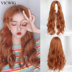 VICWIG Synthetic Long Curly Orange Wigs Women Natural Lolita Cosplay Heat Resistant Hair Wig for Daily Party