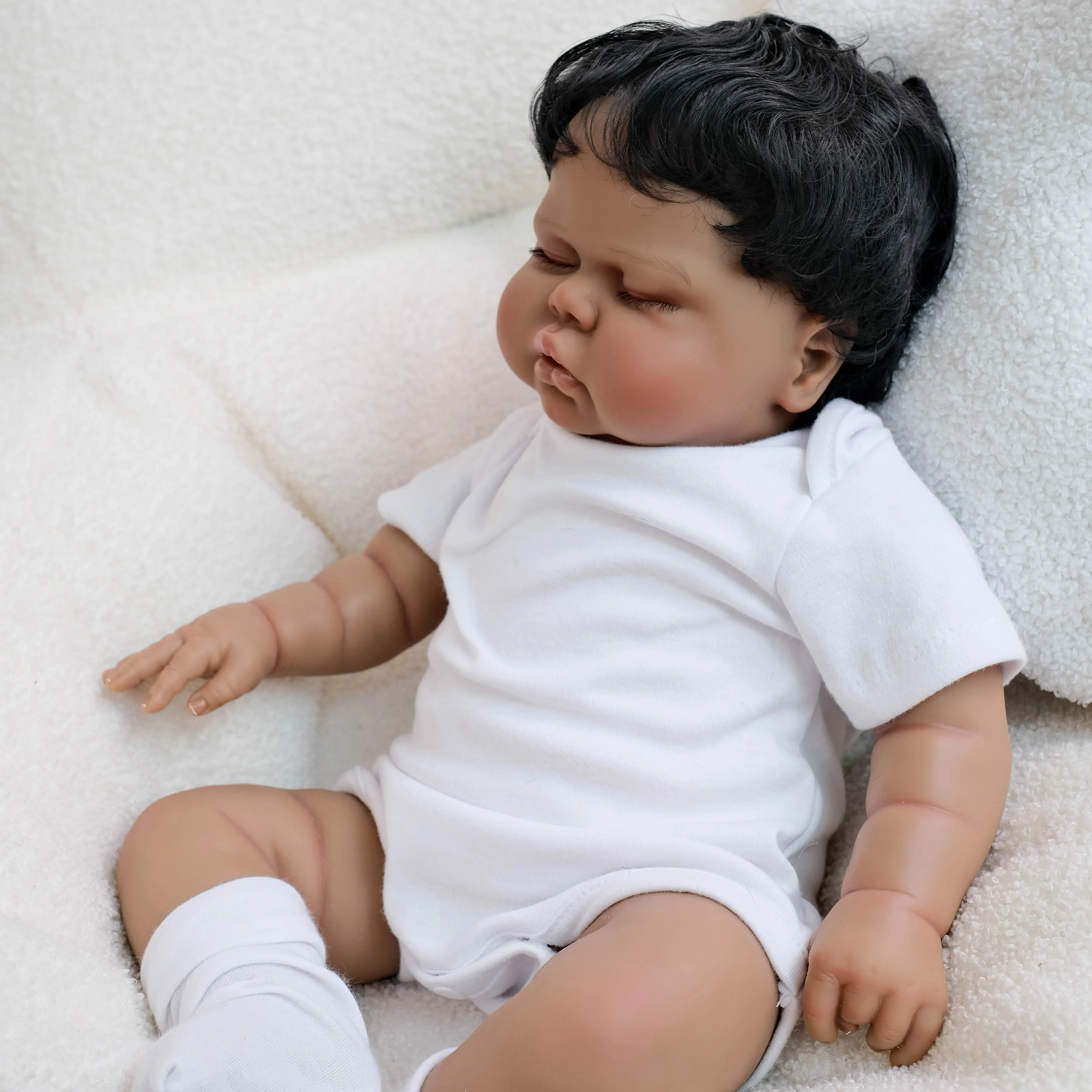 48CM Pickle Dark Skin Soft Cotton Body Lifelike Reborn Sleeping Baby Doll Multiple Layers Painting Hand Rooted Hair