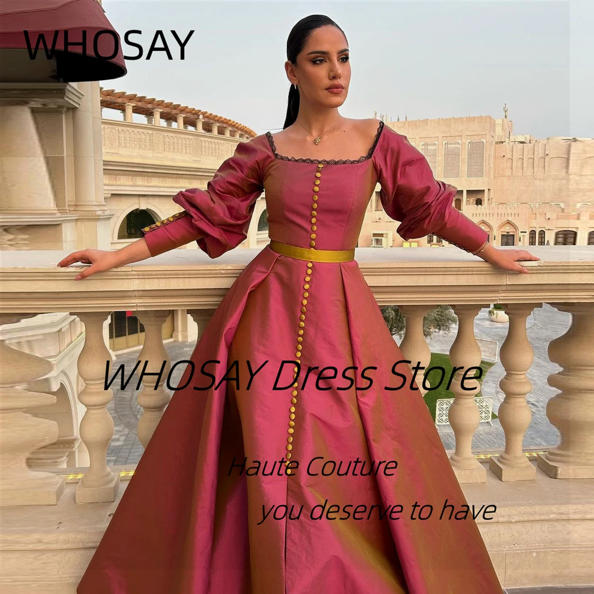 WHOSAY vestido de noche de Oriente Medio para mujer, manga larga con botones, línea A, fiesta de boda, novia, vestidos especiales