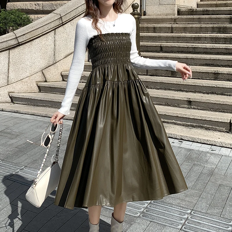 Faux Leahter PU Skirt Elastic Waist A-Line Black Skirts Casual Elegant Long Skirt Green Dress Female 2024 New Soft Vintage Skirt