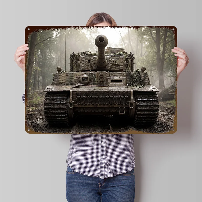 Tigerpanzer im Wald, bedrucktes Poster, individuelle Wandkunst, Retro-Vintage-Metallblechschilder zur Dekoration, Heimdekoration, Raumdekoration