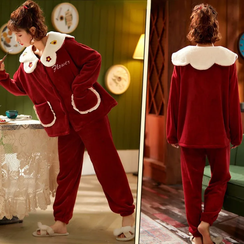 2023 New Coral Velvet Pajamas for Women Autumn Winter Flannel Thickening Warmth Household Clothes Two-piece Set Loungewear