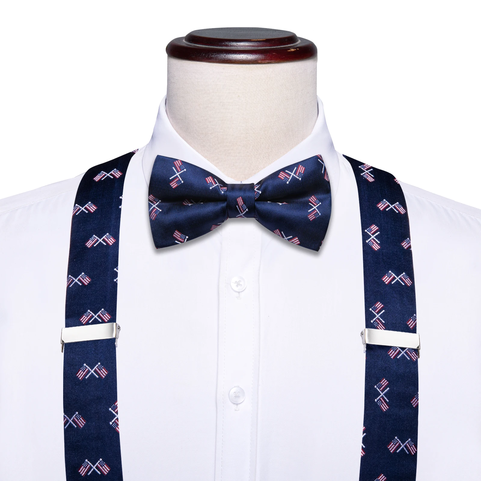Silk Woven Mens Suspenders Bow Tie Hanky Cufflinks Set Strength 6 Clips On Male Vintage Braces Blue Star Flag