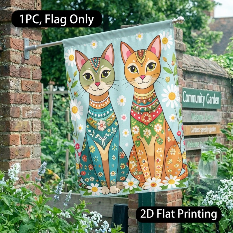 1pc Bohemian Floral Cat Garden Flag 2D Flat Print Outdoor Yard Decor Flag Only