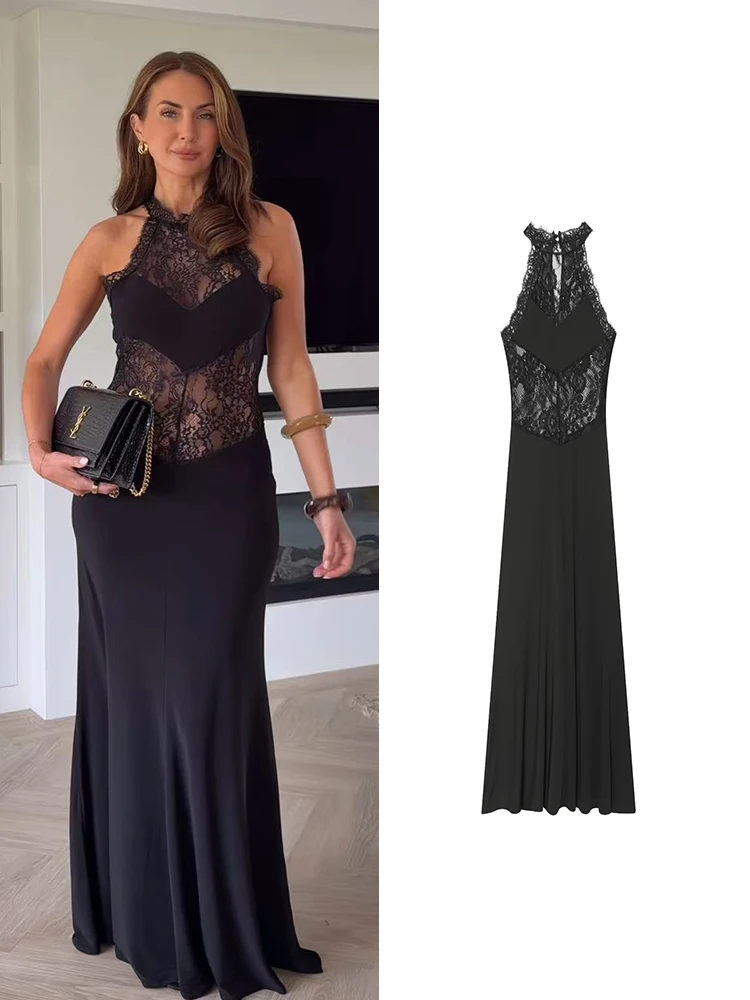 TFMLN Elegantes Damen Sexy Maxikleid, Neckholder Ärmellos, Patchwork-Spitze, Einfarbig, Schmal Geschnitten, Halbtransparentes Partykleid, Sommer Neuheit