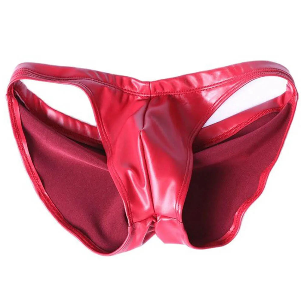 

Underpants Faux Leather Men Briefs Shirring Crotch Seam Underwear Hot Calzoncillo Low Waist Triangle Leather Swim Trunks