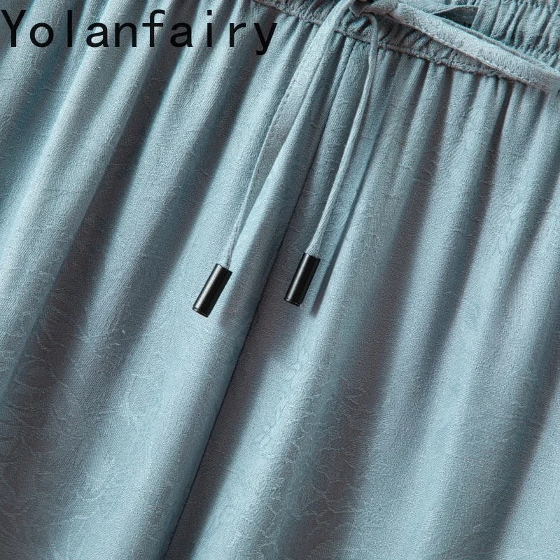 YOLANFAIRY 100% الحرير التوت الطبيعي بنطال ذو قصة أرجل واسعة امرأة فضفاضة عادية الضوء الأزرق السراويل مرونة الخصر بنطلون سراويل نسائية