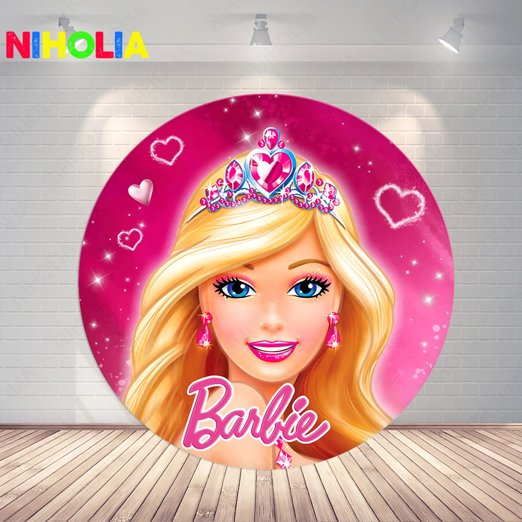 Blonde Barbie Round Backdrop Circle Cover Girls Birthday Party Newborn Princess Photography Background Round Photo Booth Prop