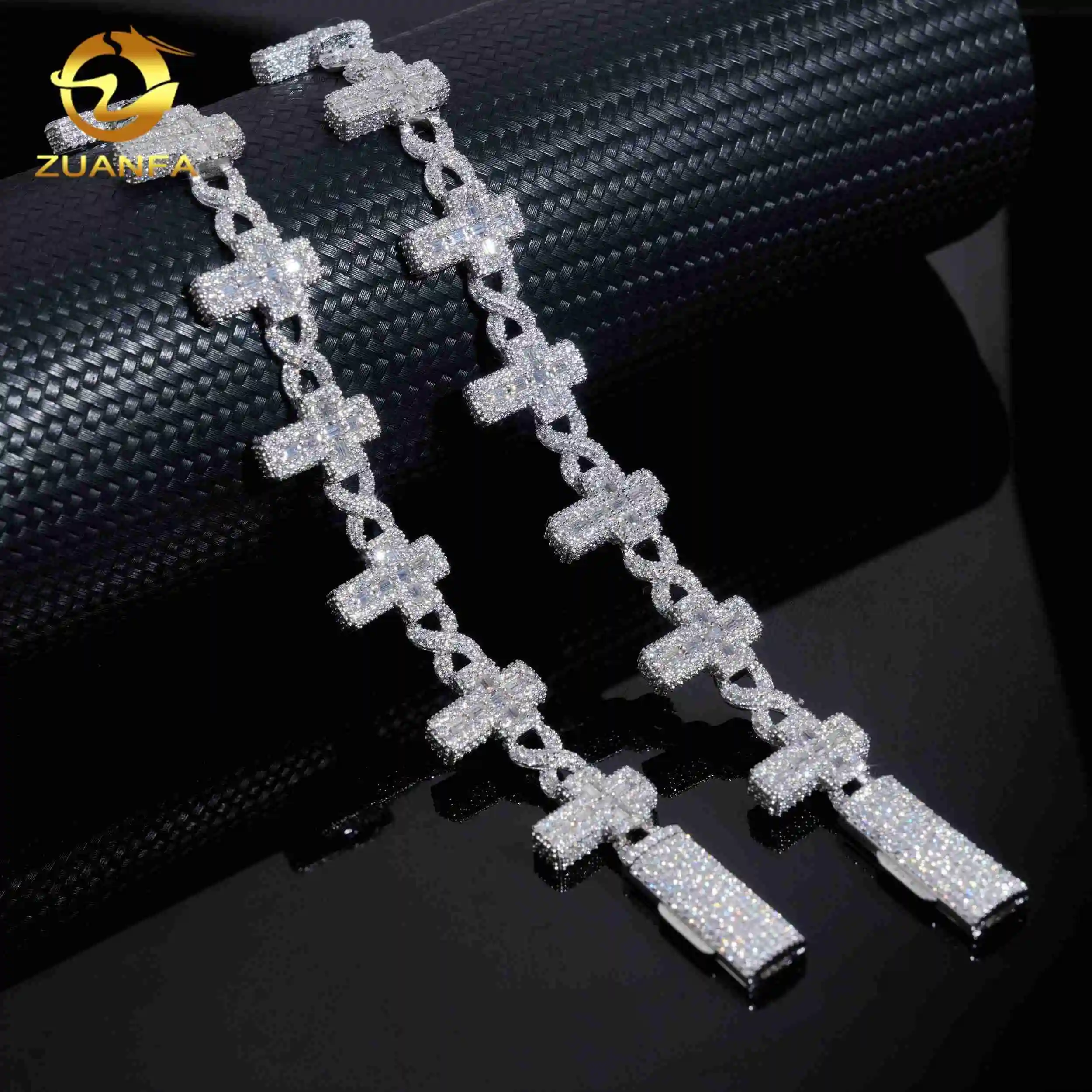 Cross Baguette Bracelet 925 Sterling Silver Gold Plated Hip Hop Pass Diamond Test Moissanite Cuban Link Bracelet.