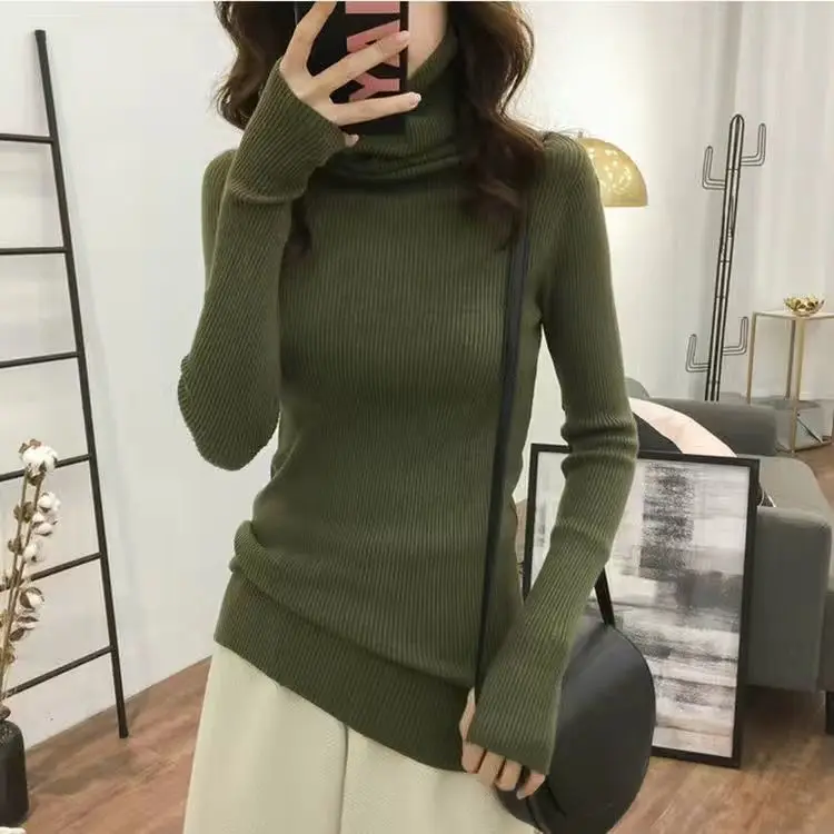 Winter Knitted Western Style Turtleneck Long Sleeves Heaps Collar Finger Fit Design Tight Sweater Women