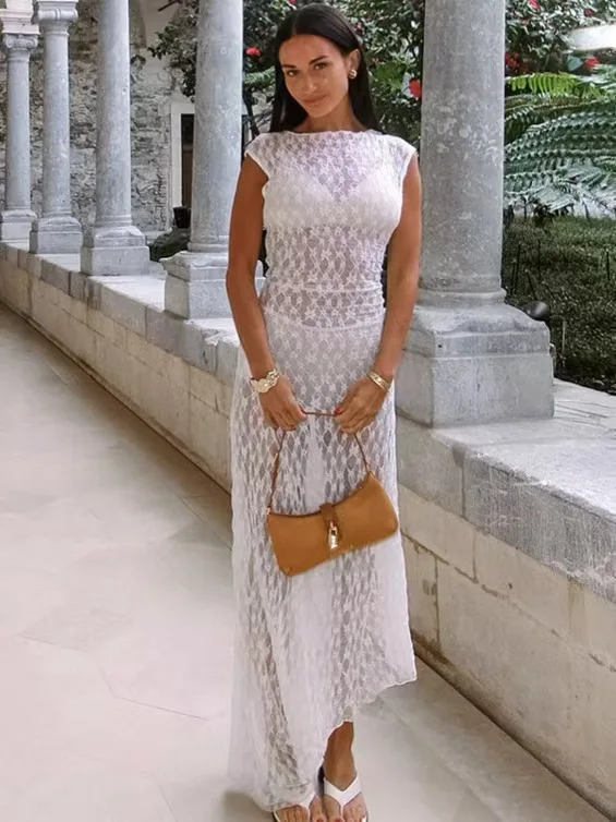 Falda playera Dr Vaion de encaje transparente, Sexy, cintura alta, corte en A, larga, redonda, Color puro, tela fina de verano