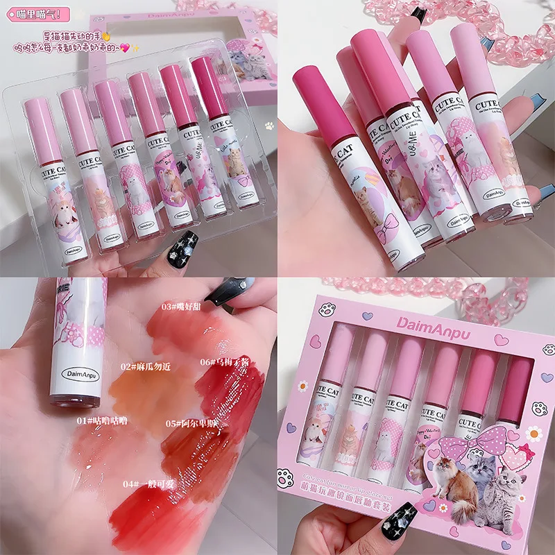 6 Stuks Spiegel Lip Glazuur Set Water Licht Kat Vloeibare Lippenstift Niet Gemakkelijk Te Vervagen Blijvende Waterdichte Lipgloss Rode Lippen Make-Up Cosmetisch